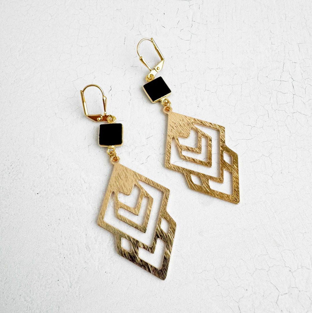 Black Onyx Celtic Earrings in Brushed Gold