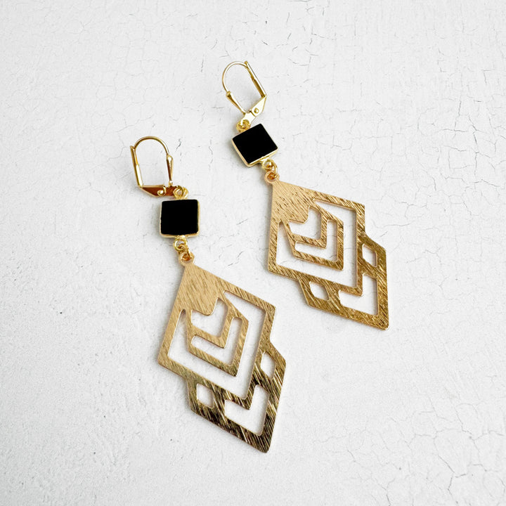 Black Onyx Celtic Earrings in Brushed Gold