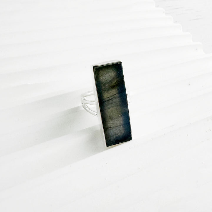 Large Labradorite Rectangle Bar Statement Ring in Gold and Silver