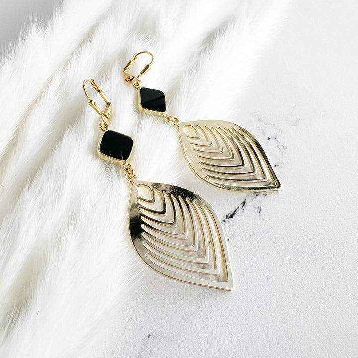 Black Onyx Leaf Statement Earrings in Brass Gold