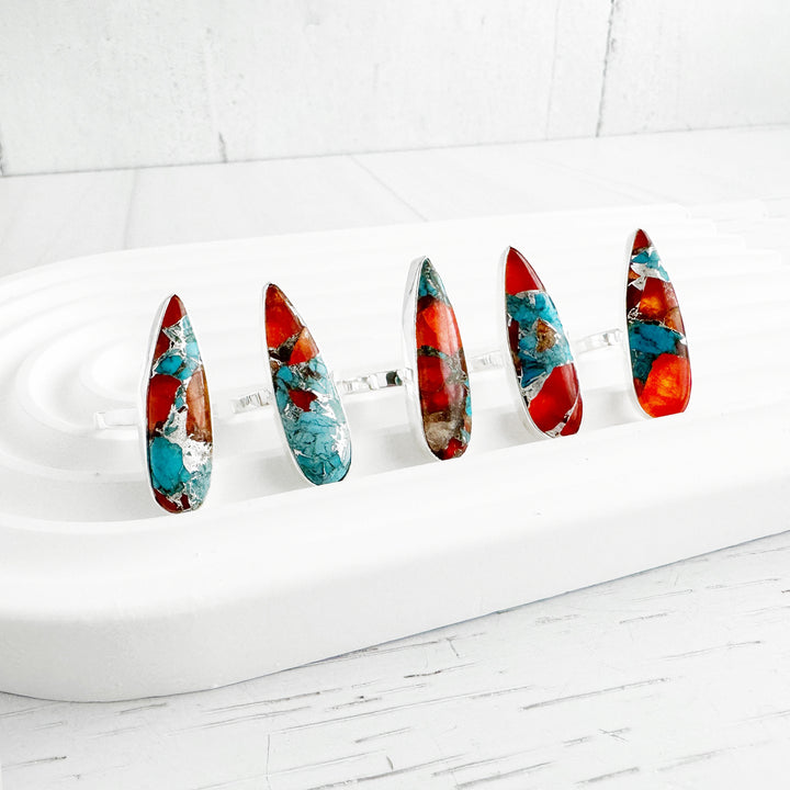 Long Turquoise Teardrop Statement Ring in Gold and Silver