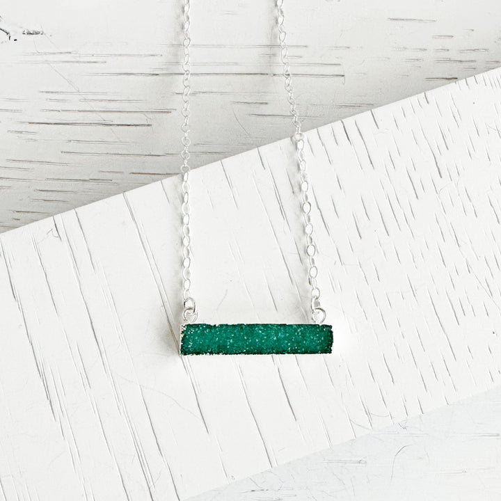 Aqua Green Druzy Bar Necklace in Sterling Silver