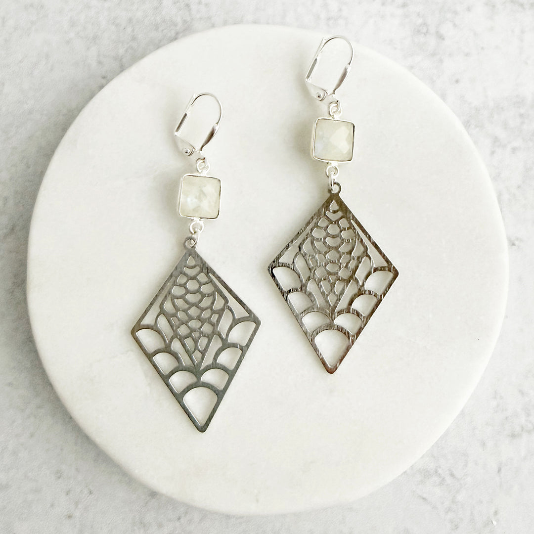 Moonstone and Patterned Diamond Earrings in Brushed Silver