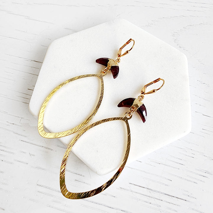 Garnet Crescent and Marquise Earrings in Brushed Gold