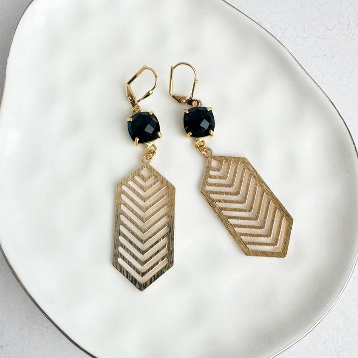 Black Onyx Prong Chevron Dangle Earrings in Brushed Gold