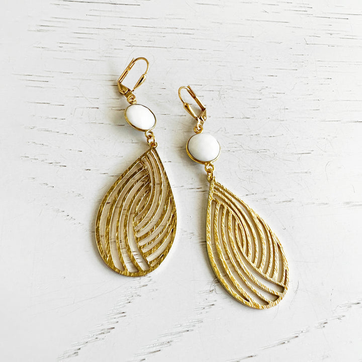 Swirl Teardrop and White Agate Statement Earrings in Brushed Gold
