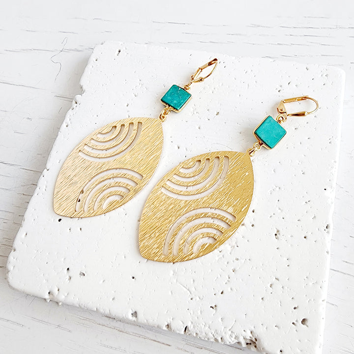 Tibetan Turquoise and Rainbow Etched Marquise Earrings in Brushed Gold