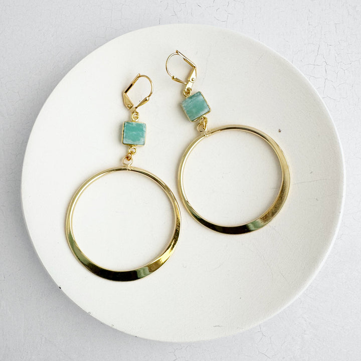 Amazonite Hoop Dangle Earrings in Gold. Statement Dangle Earrings. Gold Hoop Earrings