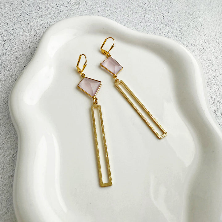 Rose Quartz Rectangle Dangle Earrings in Brushed Gold