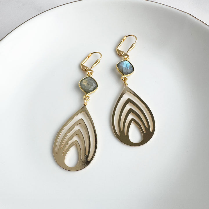 Lotus Teardrop Earrings with Labradorite Stones