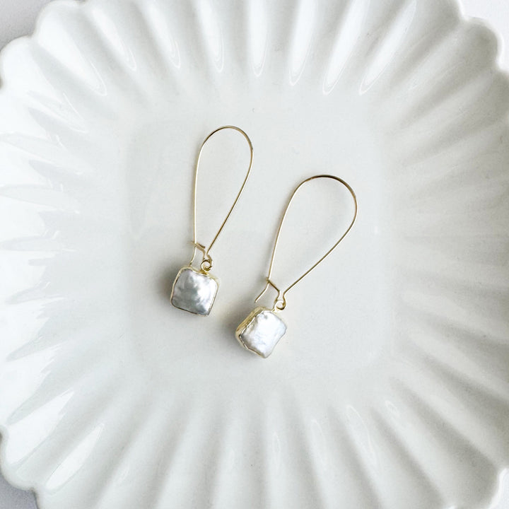 Mother of Pearl Square Drop Earrings in Gold