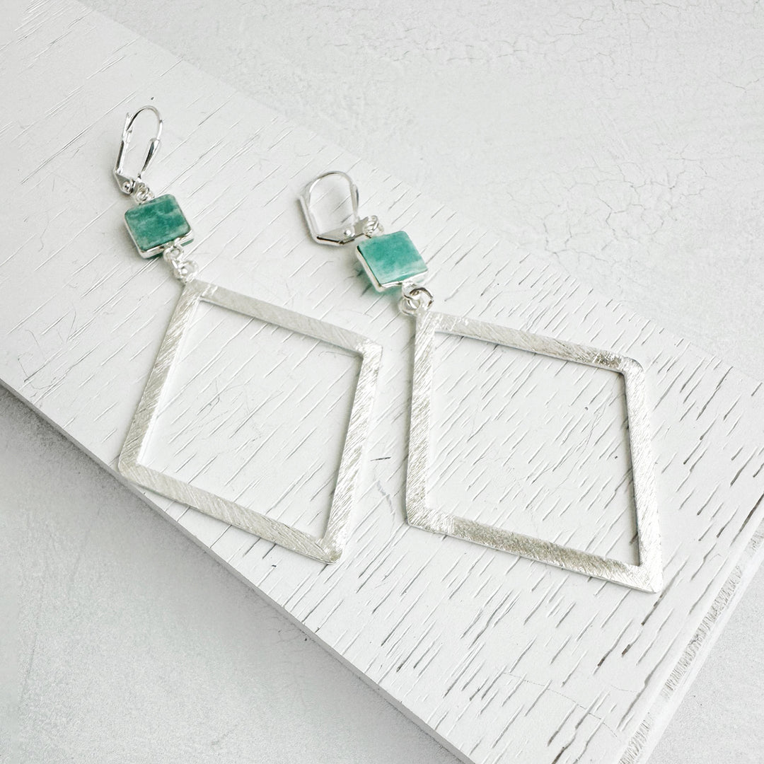 Amazonite Diamond Pendant Earrings in Brushed Silver