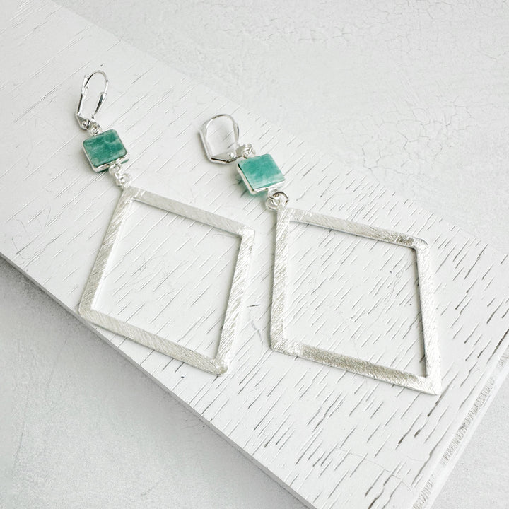 Amazonite Diamond Pendant Earrings in Brushed Silver