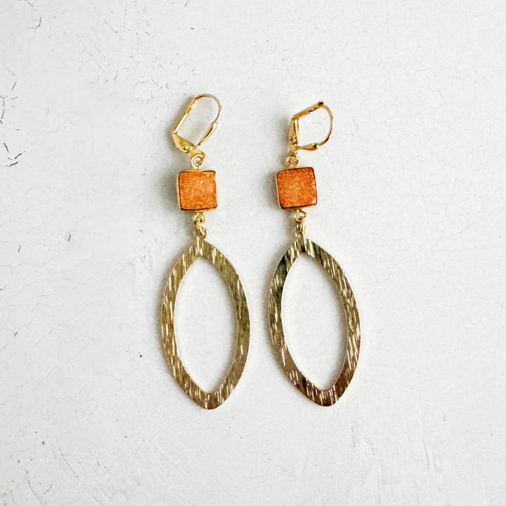 Orange Druzy Marquise Dangle Earrings in Brushed Gold
