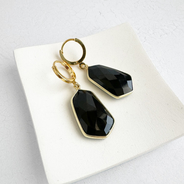 Black Onyx Huggie Earrings in Gold