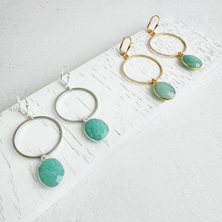 Amazonite Oval Hoop Dangle Earrings in Brushed Gold and Silver
