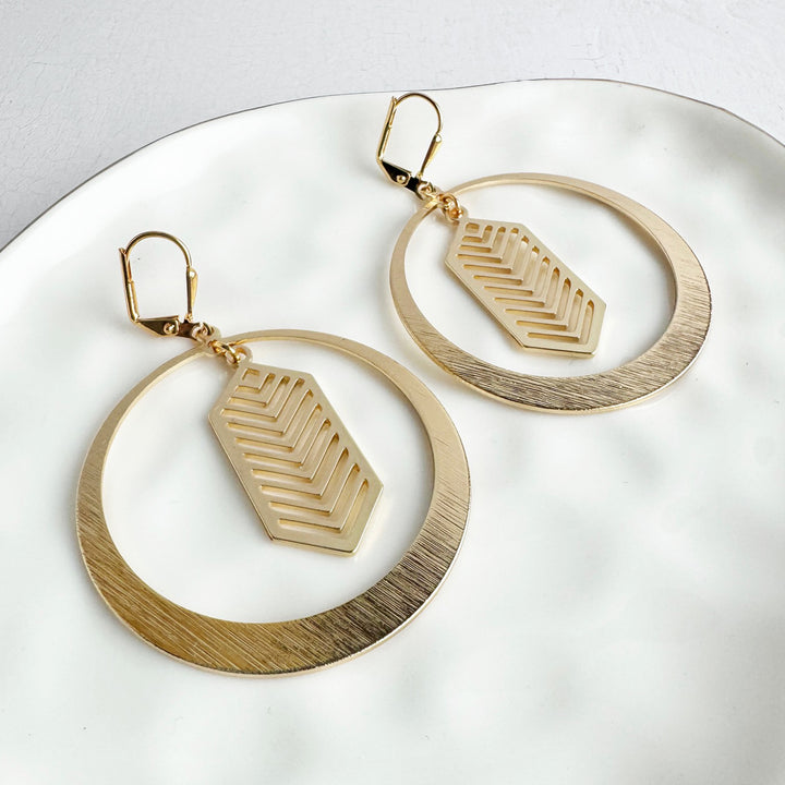 Chevron Hoop Dangle Earrings in Brushed Gold