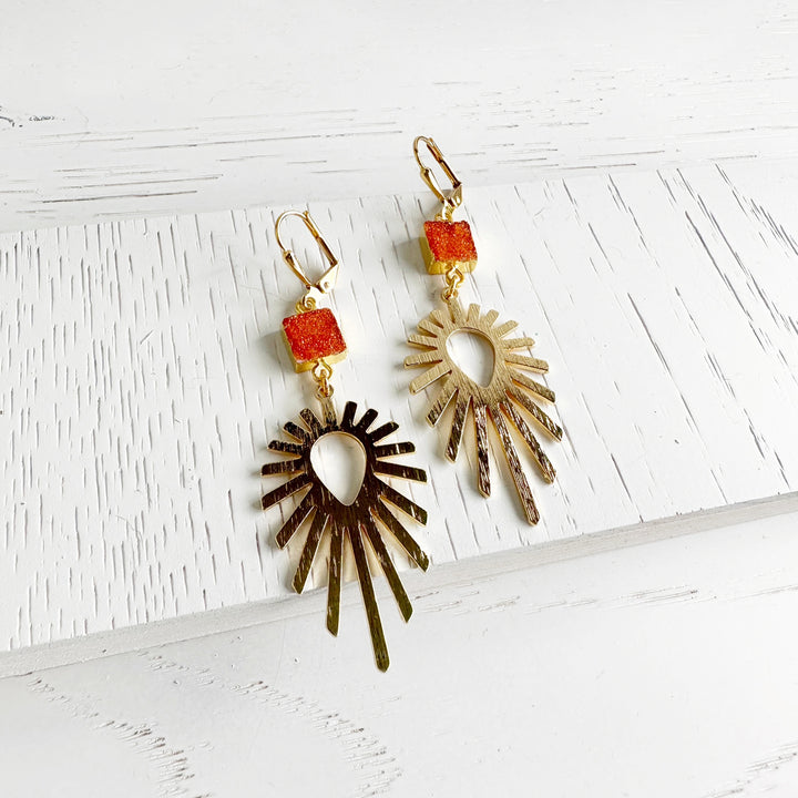 Orange Druzy Starburst Earrings in Brushed Gold