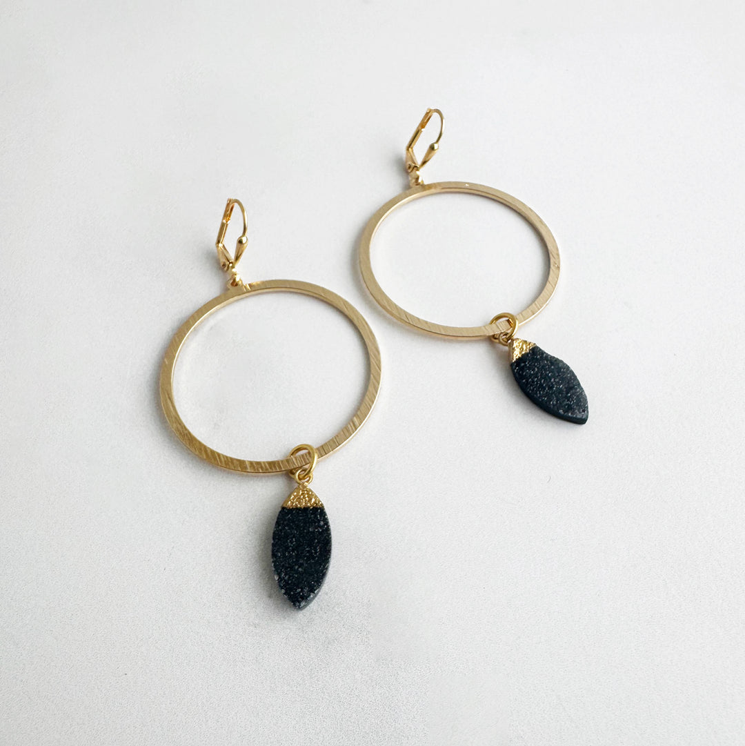 Black Druzy Hoop Earrings in Brushed Gold