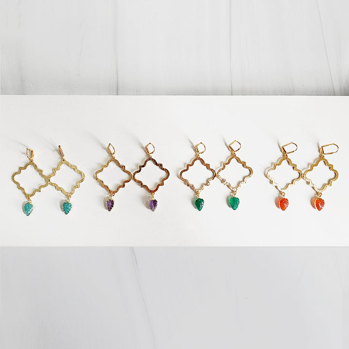 Quatrefoil Statement Earrings with Leaf Stone in Brushed Gold