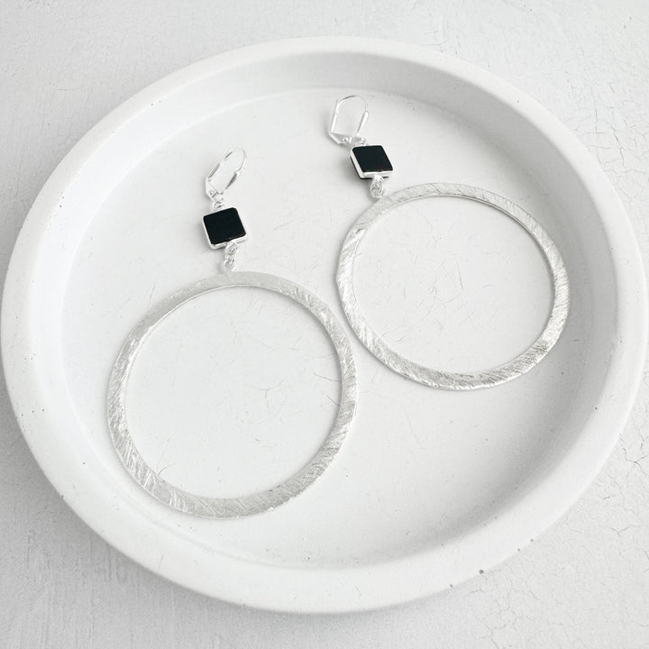Large Black Onyx Hoop Earrings in Brushed Silver