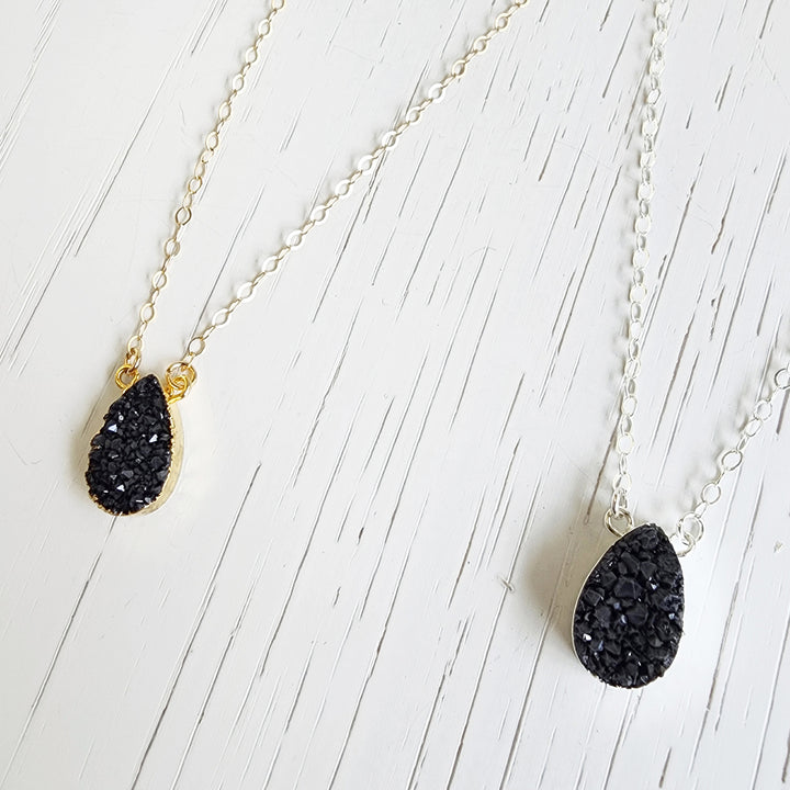 Black Druzy Teardrop Necklace in Gold and Silver