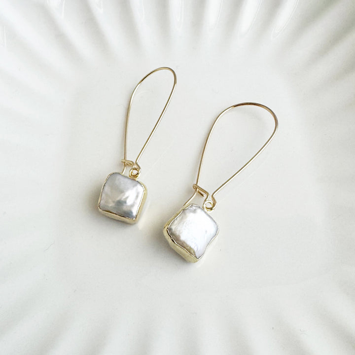 Mother of Pearl Square Drop Earrings in Gold
