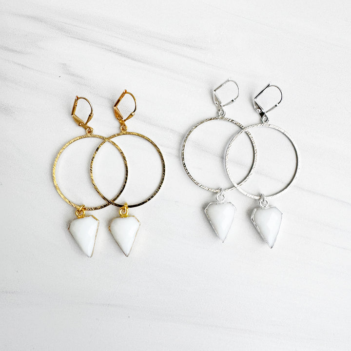 White Agate Shield Hoop Dangle Earrings