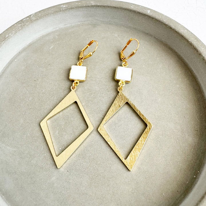 White Stone Diamond Pendant Earrings in Brushed Gold