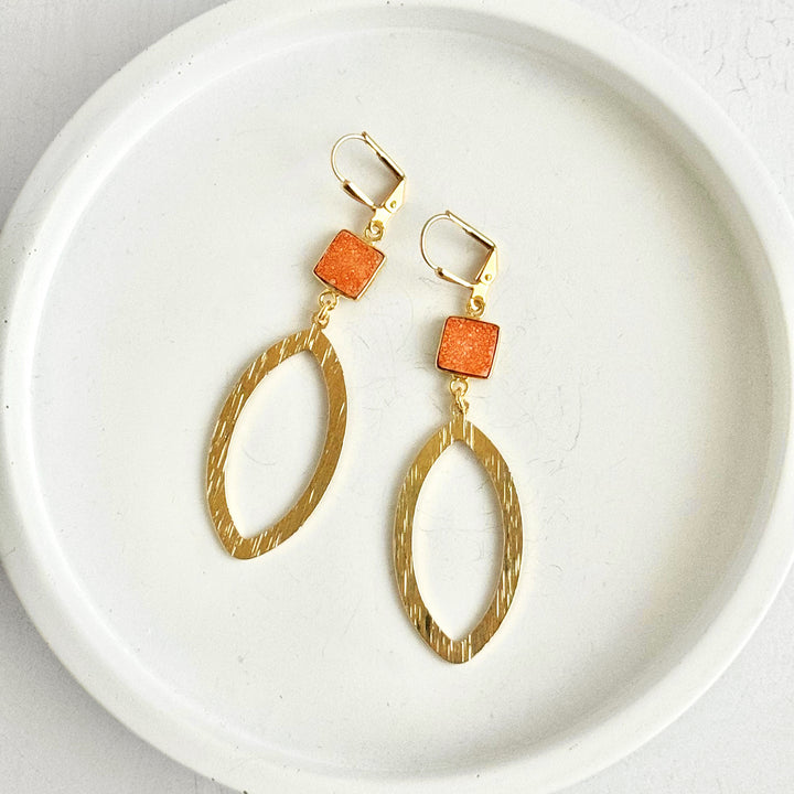 Orange Druzy Marquise Dangle Earrings in Brushed Gold
