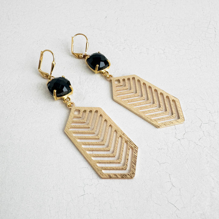 Black Onyx Prong Chevron Dangle Earrings in Brushed Gold