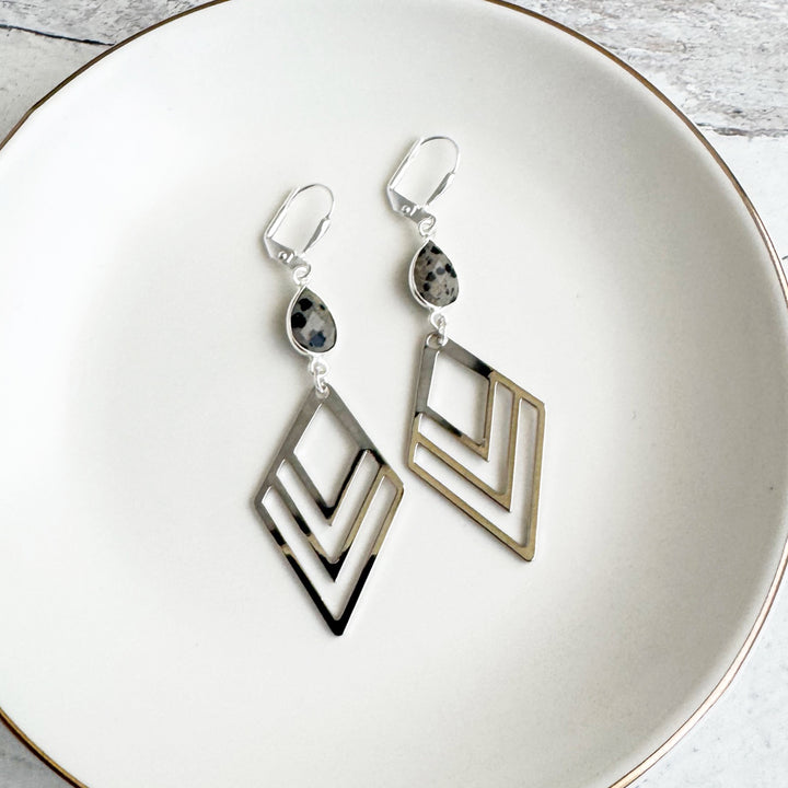 Dalmatian Jasper and Layered Diamond Statement Earrings in Silver