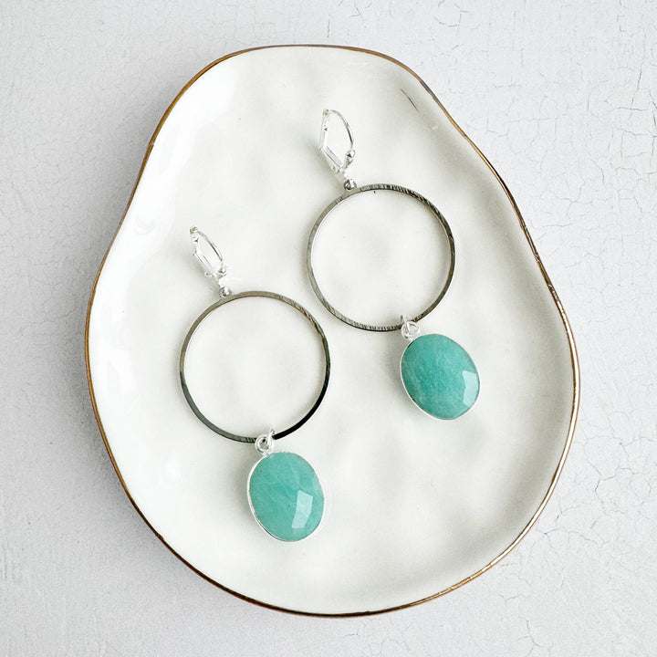 Amazonite Oval Hoop Dangle Earrings in Brushed Gold and Silver