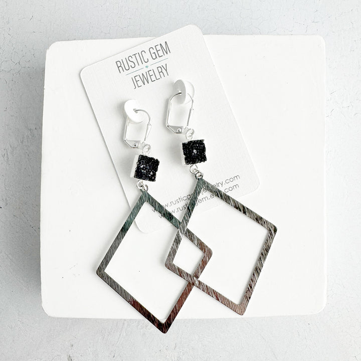 Diamond Pendant and Black Druzy Dangle Earrings in Brushed Gold