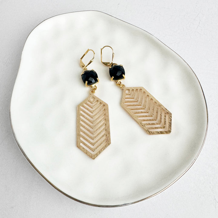 Black Onyx Prong Chevron Dangle Earrings in Brushed Gold
