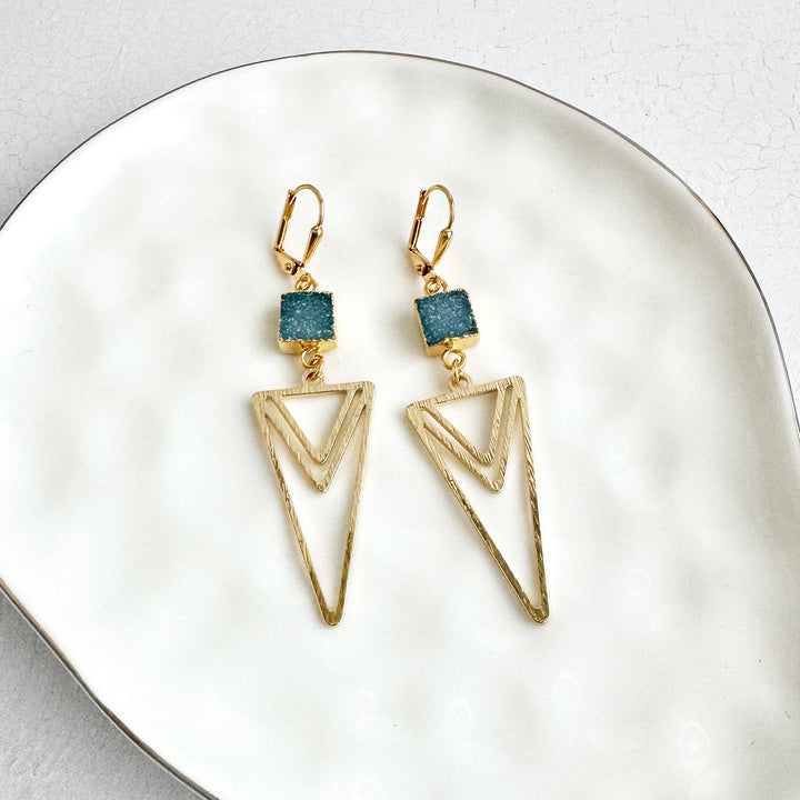 Layered Triangle Brushed Gold Earrings with Ocean Blue Druzy Stones