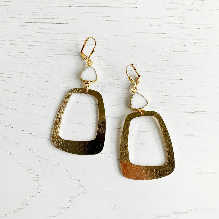 White Agate Statement Earrings in Brushed Brass Gold