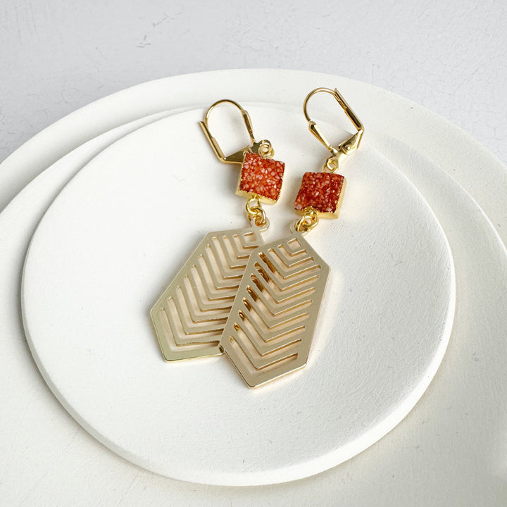 Orange Druzy Chevron Dangle Earrings in Gold