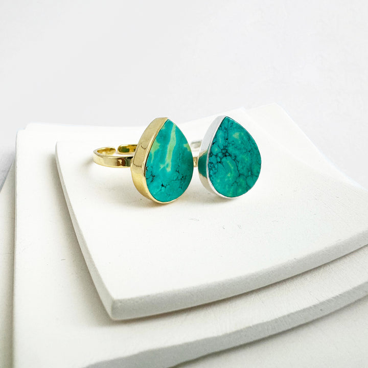 Natural Turquoise Teardrop Ring in Gold and Silver