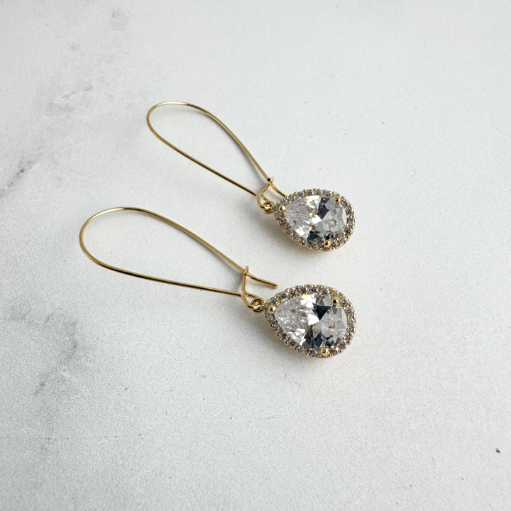 Simple Gold Bridal Drop Earrings. Cubic Zirconia Drops. Elegant Dangle Earrings