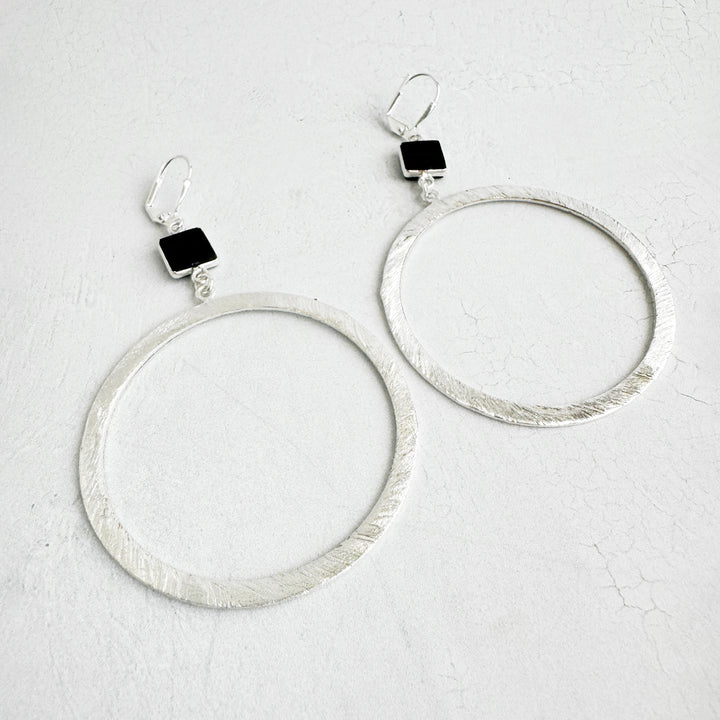 Large Black Onyx Hoop Earrings in Brushed Silver