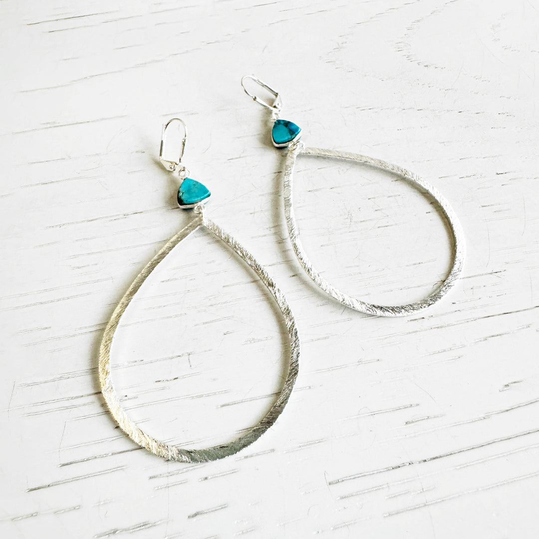 Large Teardrop and Turquoise Dangle Earrings in Brushed Silver