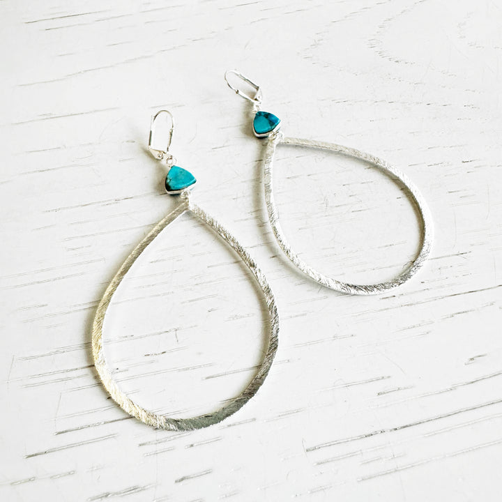 Large Teardrop and Turquoise Dangle Earrings in Brushed Silver