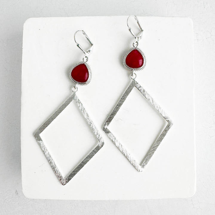 Fuchsia Stone Diamond Earrings in Brushed Silver