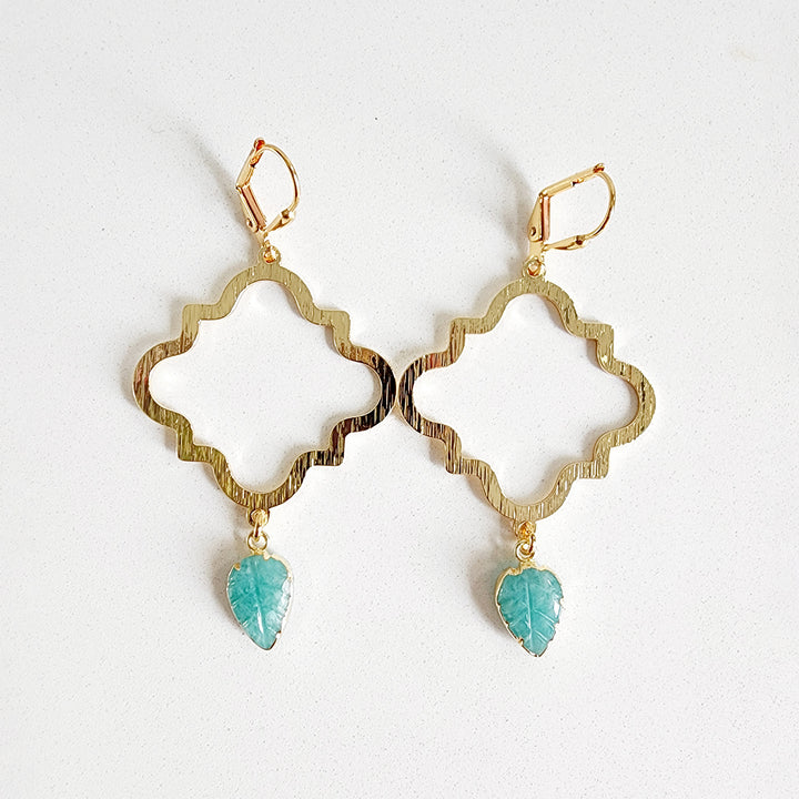 Quatrefoil Statement Earrings with Leaf Stone in Brushed Gold