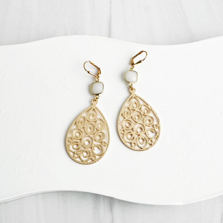 White Agate Teardrop Statement Earrings in Brushed Gol
