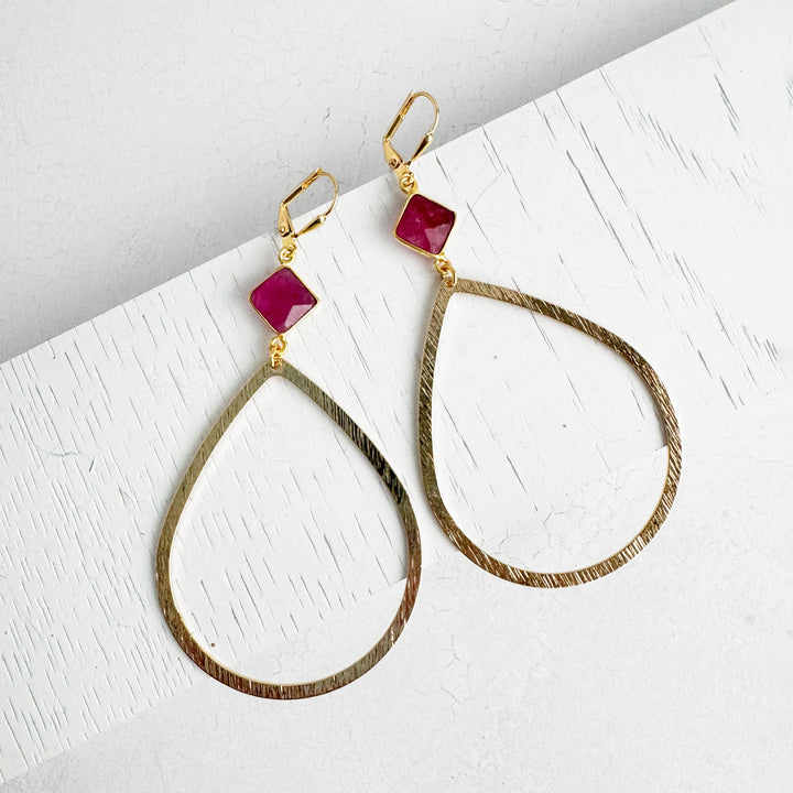 Large Ruby Teardrop Statement Earrings in Brushed Gold