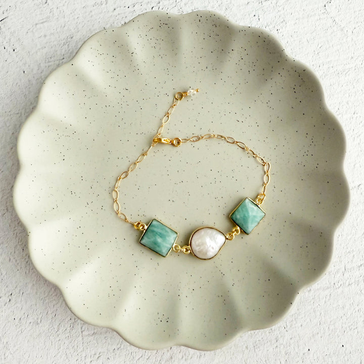 Triple Jewel Bracelet in Gold with Amazonite and Mother of Pearl