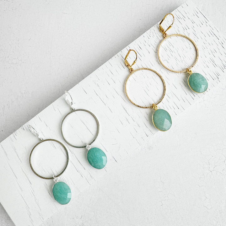 Amazonite Oval Hoop Dangle Earrings in Brushed Gold and Silver