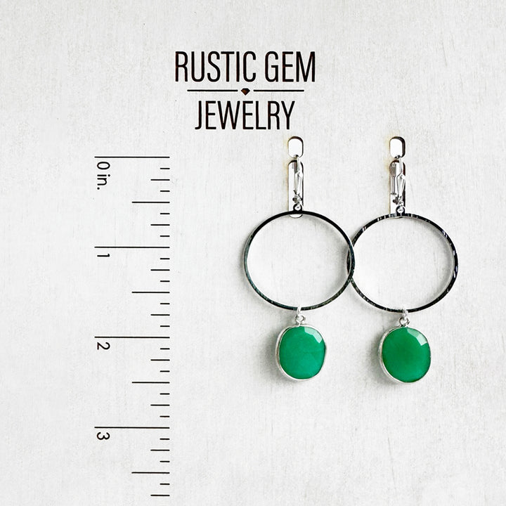 Green Onyx Hoop Dangle Earrings in Brushed Silver